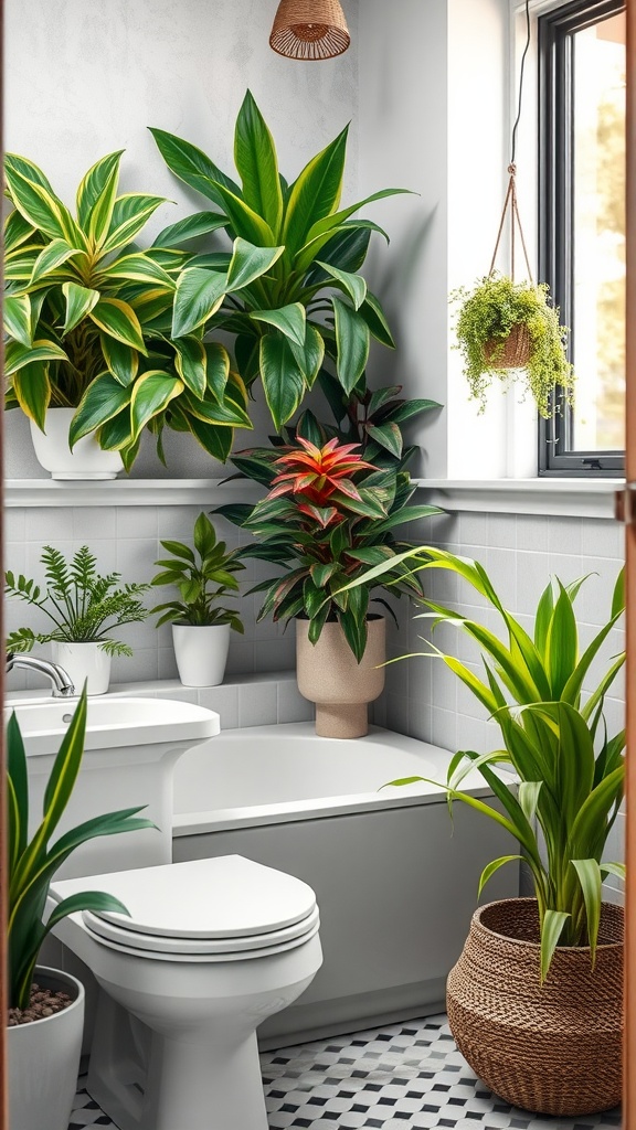 A modern gray and white bathroom with various indoor plants adding a refreshing touch.