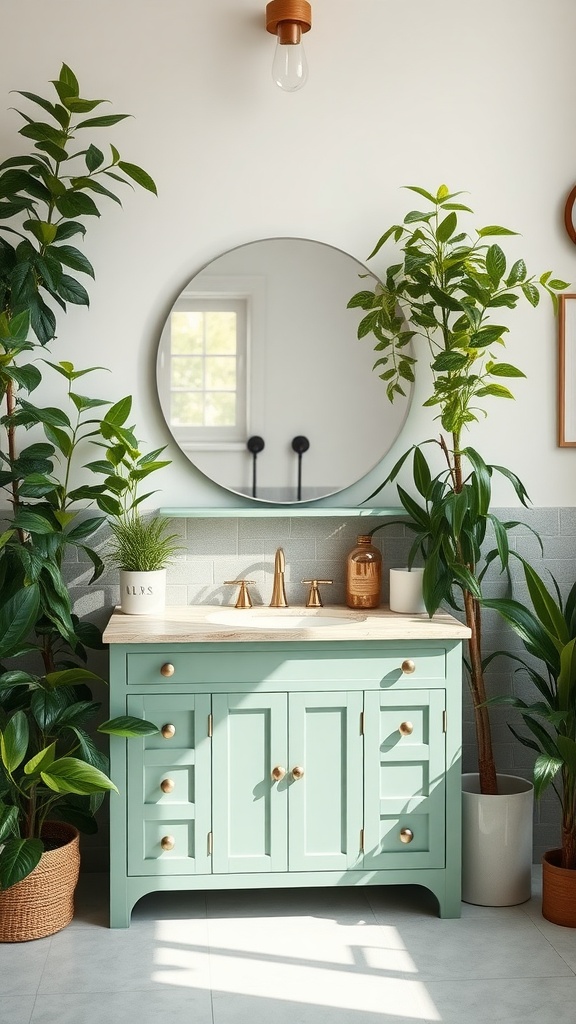 Mint green bathroom vanity with a round mirror and plants in a bright bathroom