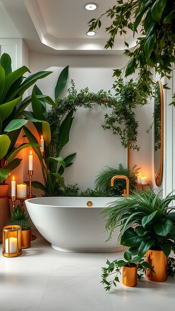 A serene bathroom featuring a freestanding tub surrounded by greenery and candles, creating a relaxing oasis atmosphere.