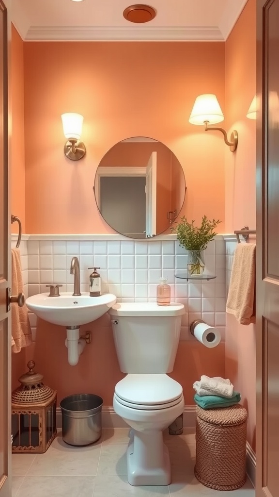 Small bathroom painted in warm peach tones with white accents