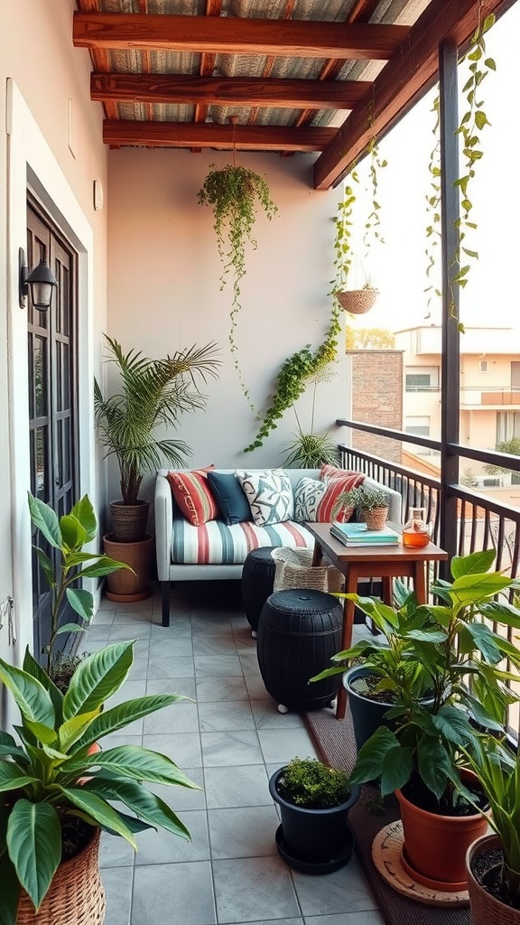 A cozy balcony featuring a daybed with striped cushions, surrounded by various plants and a small table.