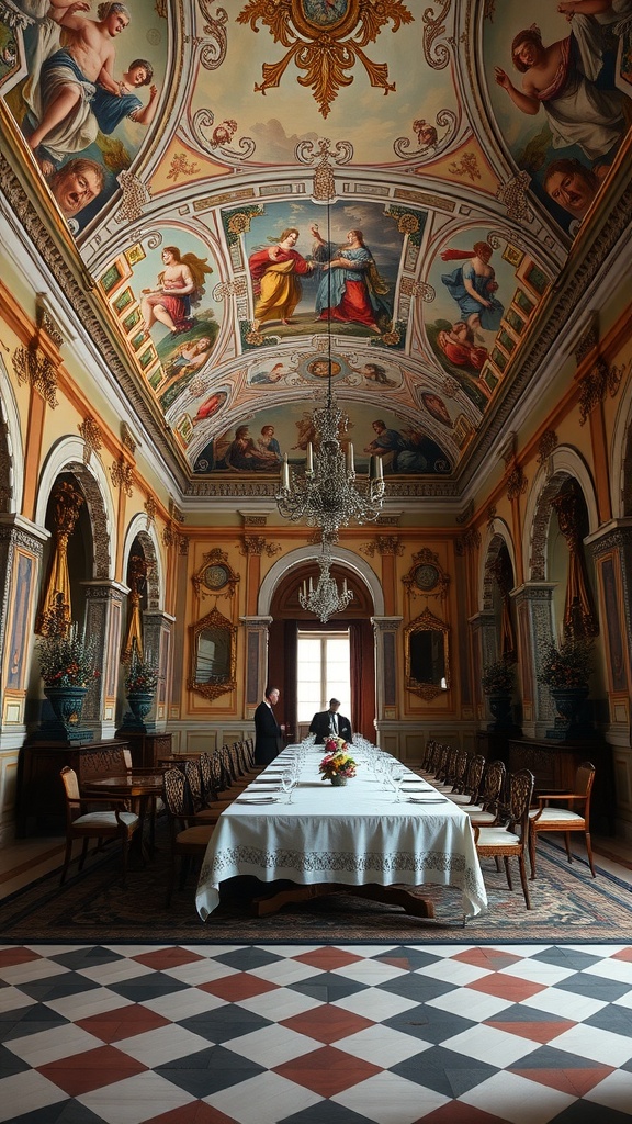 Luxurious Italian dining room featuring Renaissance Revival style with ornate ceiling and elegant table setting