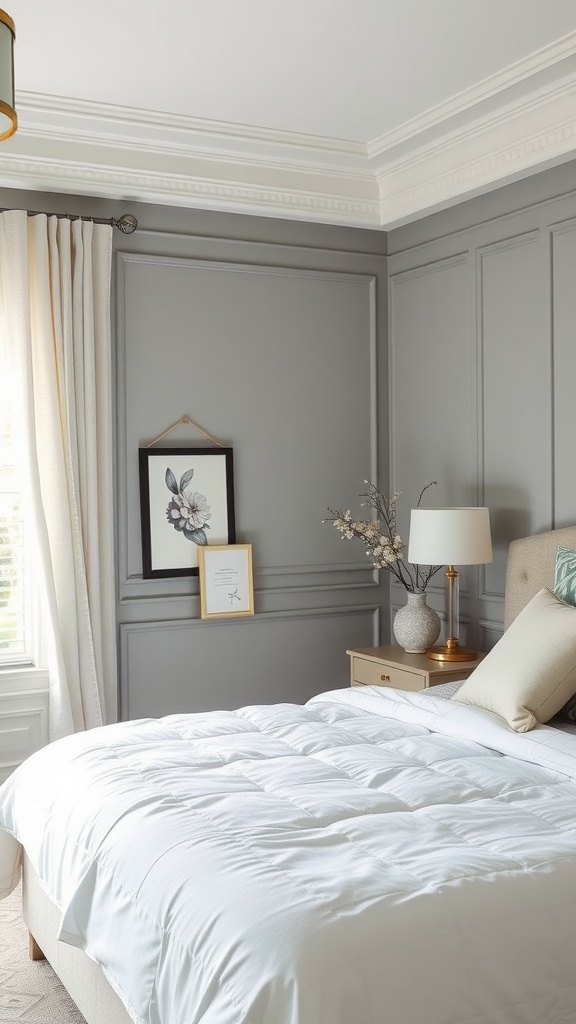 A cozy bedroom featuring Repose Gray walls with white bedding and decor.