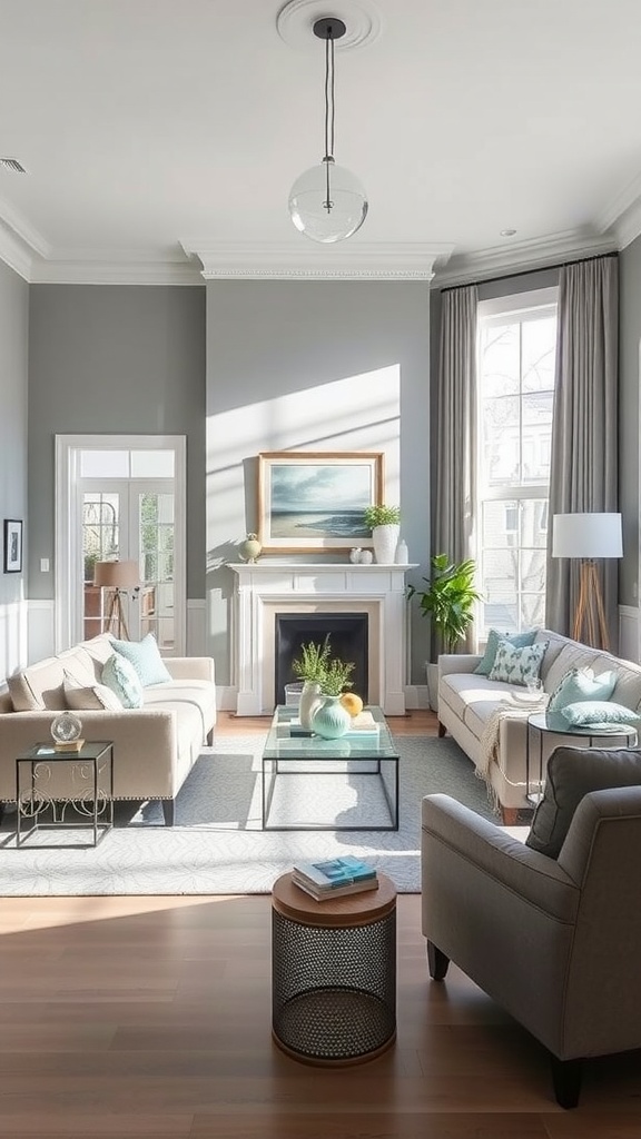 A living room painted in Repose Gray, featuring light furniture, large windows, and decorative accents.