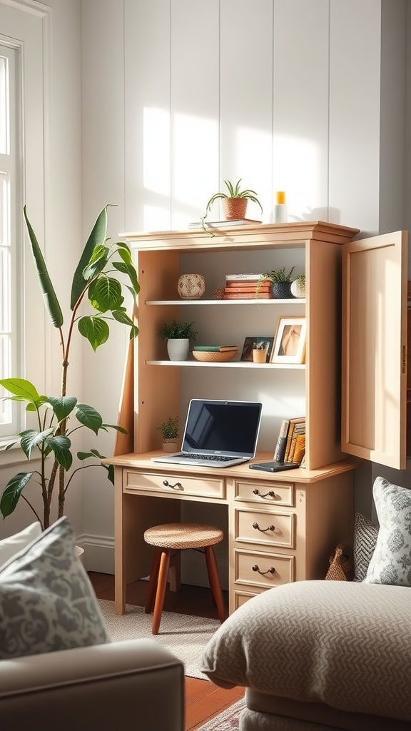 A repurposed armoire desk set up in a living room, featuring shelves with plants and books, and a laptop on the desk.
