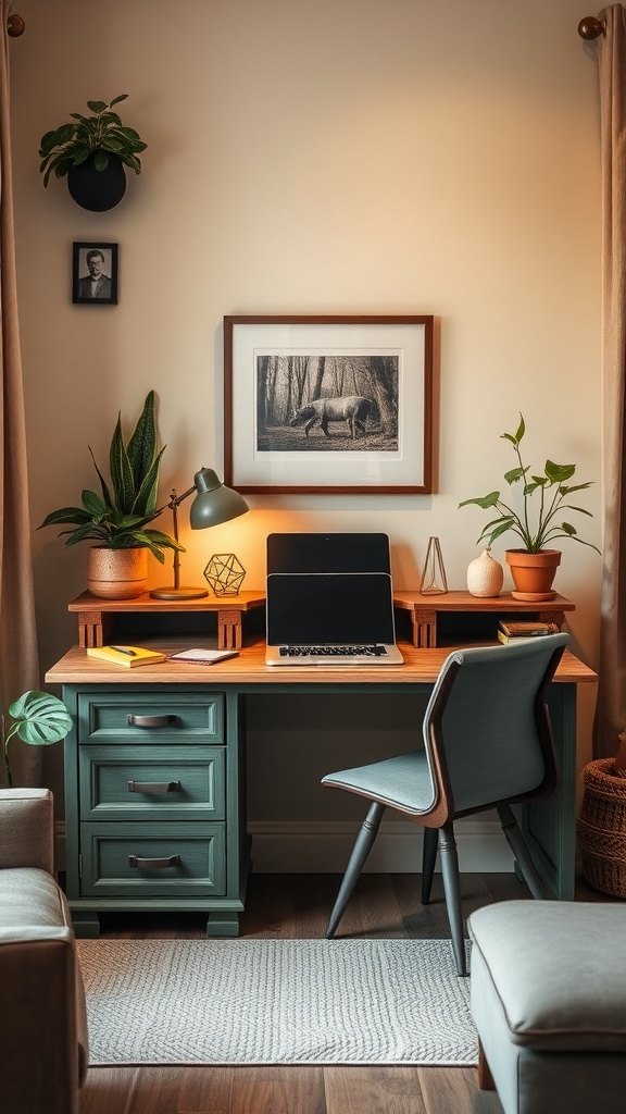 A cozy home office nook featuring a repurposed cabinet desk with plants and warm lighting.