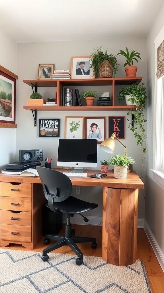 A cozy home office setup featuring a repurposed desk with a laptop, books, plants, and decorative items on shelves.