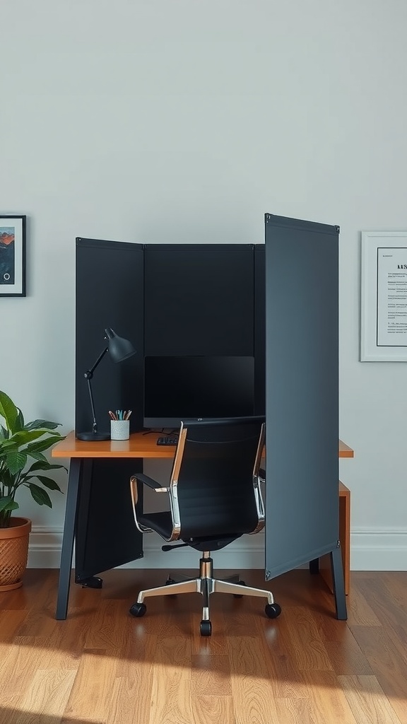 A modern desk with a retractable privacy screen, demonstrating a focused workspace.