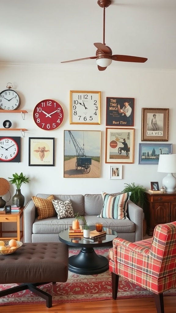 A cozy living room featuring a variety of retro-inspired accessories, including a gallery wall with clocks and framed art, stylish furniture, and colorful plants.