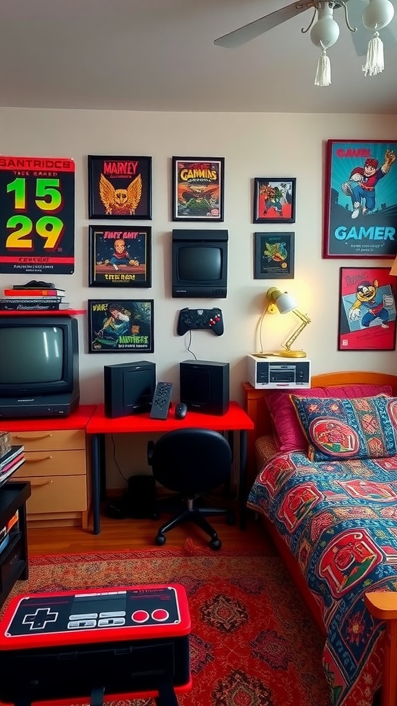 A retro-themed bedroom with vintage gaming posters, a gaming setup, and colorful decor.