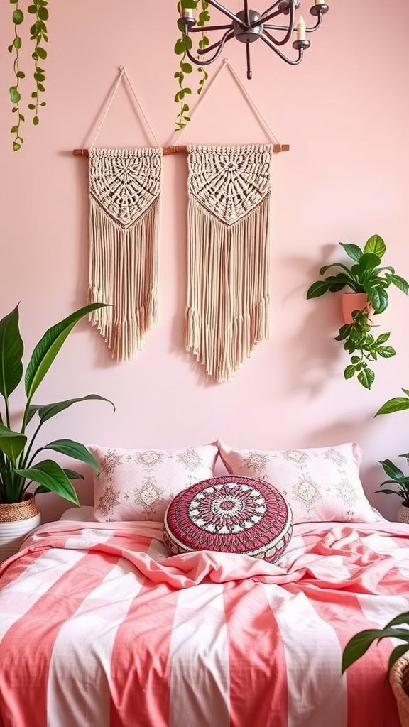 A cozy bedroom with pink walls, macramé wall hangings, a simple bed, and a plant, showcasing retro pink boho vibes.