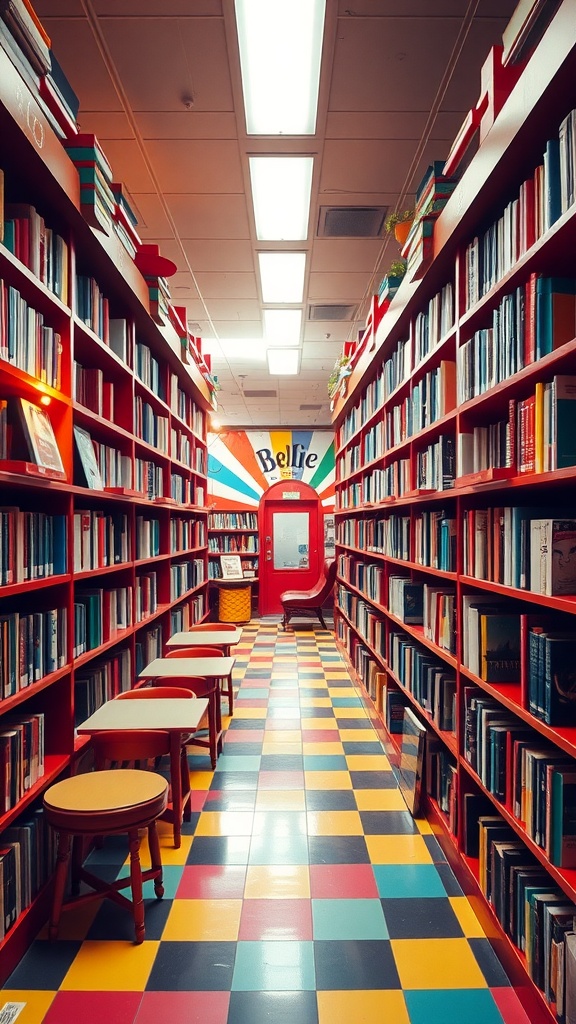 A vibrant library with red shelves, colorful checkered flooring, and a wall that says 'Believe'.