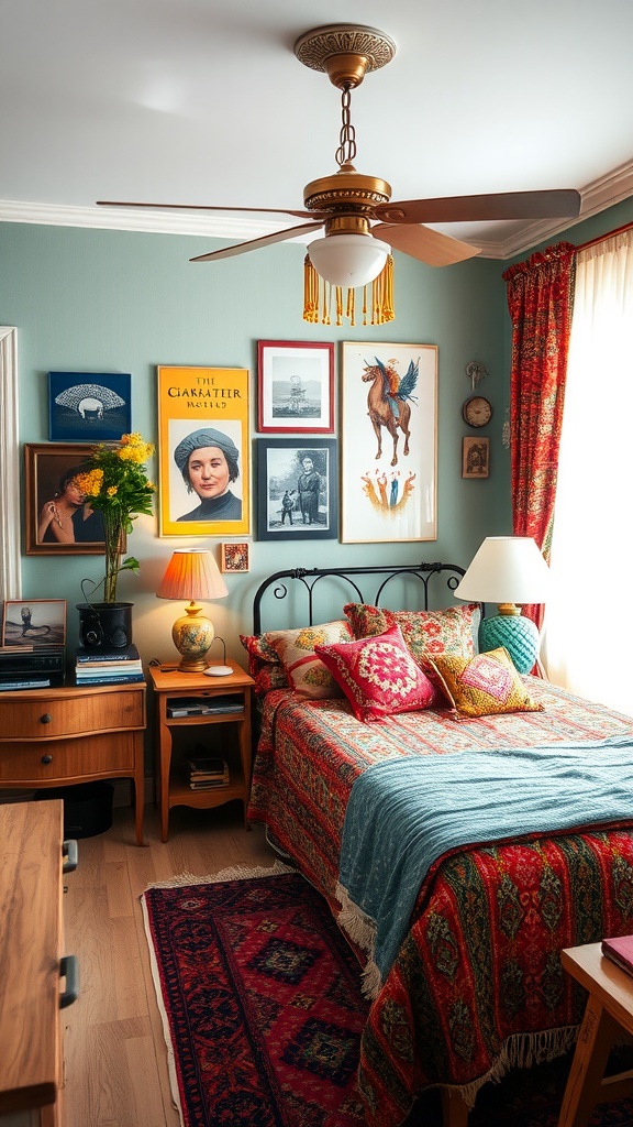 A cozy retro-style bedroom featuring a colorful patterned bedspread, decorative pillows, plants, and wooden furniture.