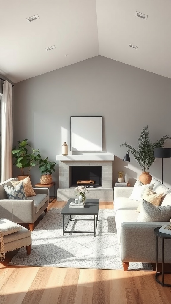 A cozy living room painted in Revere Pewter with modern furniture and plants.