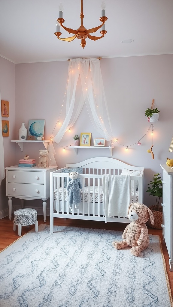 A serene nursery painted in Sherwin Williams Reverie, featuring soft lavender walls, a white crib, and cozy decor.