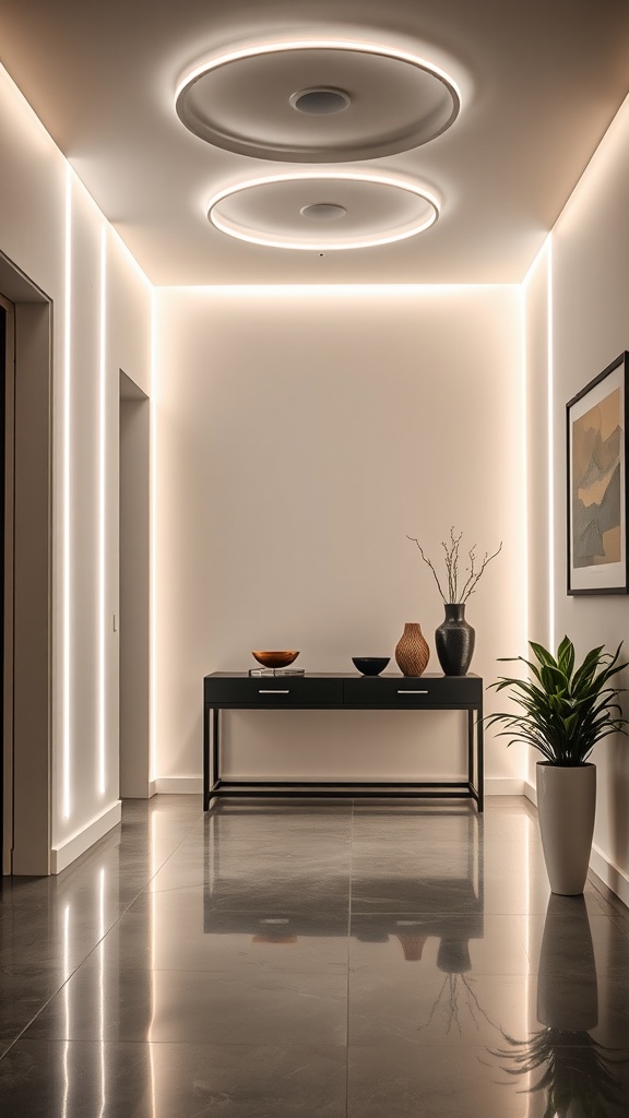 A modern foyer with ribbon LED lights illuminating the walls and ceiling, featuring a stylish console table and decorative elements.