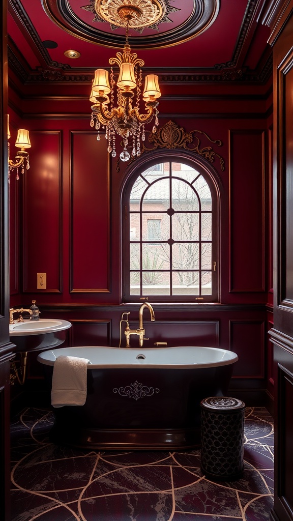 A luxurious bathroom featuring deep burgundy walls, ornate lighting fixtures, and elegant design elements.