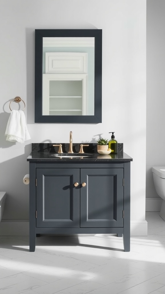 A charcoal bathroom vanity with gold hardware, a mirror, and a light wall.