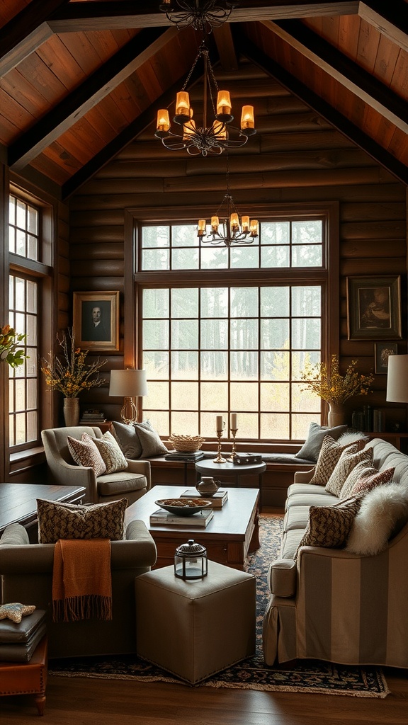 A cozy living room with rich chocolate brown walls and rustic decor, featuring two sofas, a stone fireplace, and warm lighting.