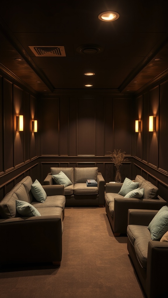 A cozy basement lounge area with chocolate brown walls and comfortable seating.