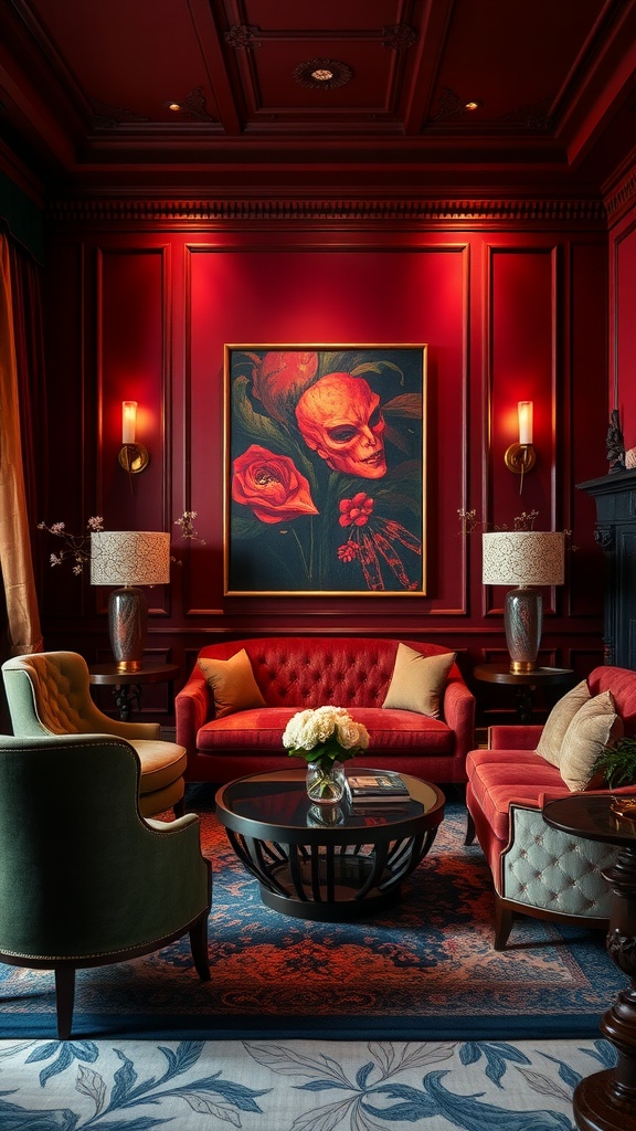 A cozy living room with rich red walls, elegant furniture, and a striking artwork featuring a skull and flowers.