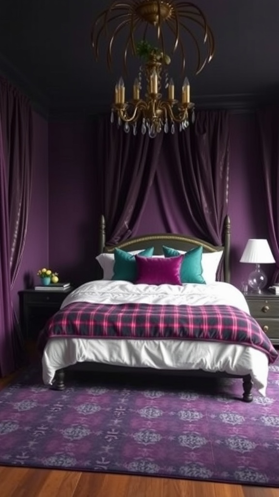 A cozy bedroom with rich jewel tones featuring purple walls, a plush bed with plaid and jewel-colored bedding, and an elegant chandelier.