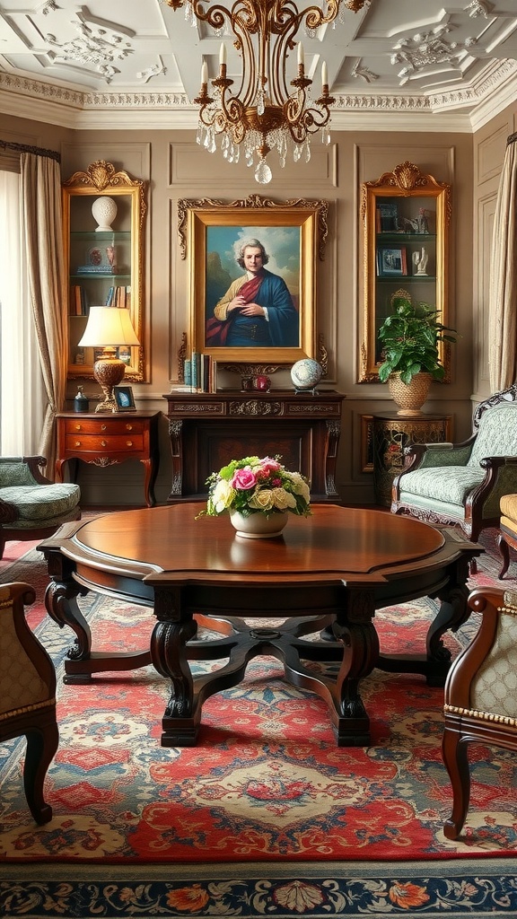 A luxurious living room featuring rich mahogany furniture, ornate chandelier, and classic decor.