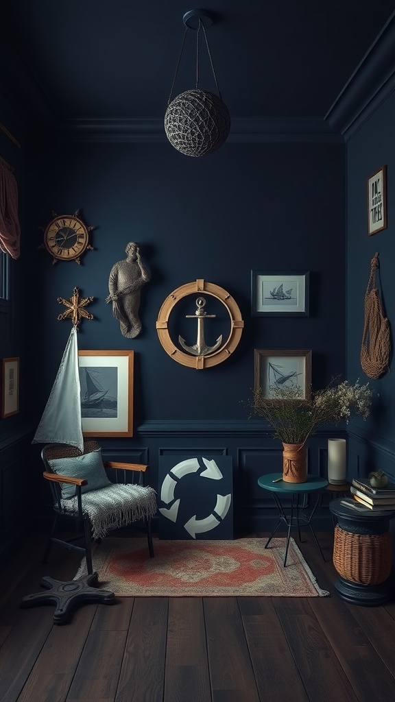 A cozy dark room painted in rich navy blue with nautical decor, including a ship's wheel, a vintage clock, and sea-themed artwork.