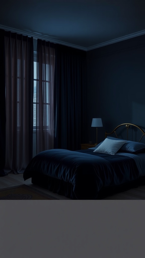 A dark and moody bedroom with navy blue walls, plush bedding, and sheer curtains.