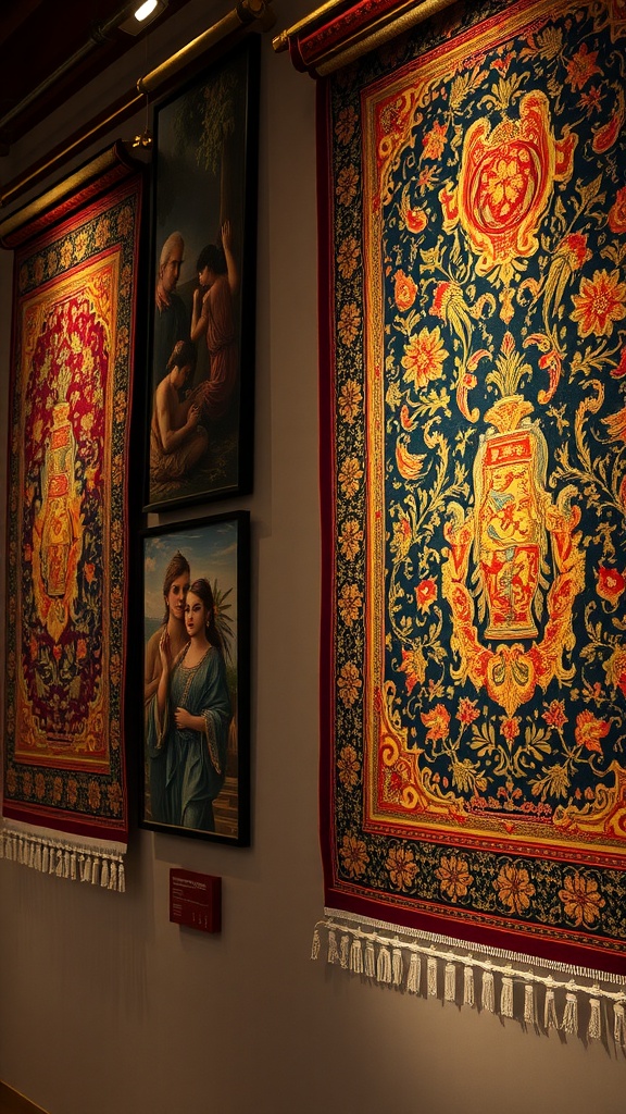 Rich tapestry wall hangings in a cozy room, featuring floral designs and classical artwork.