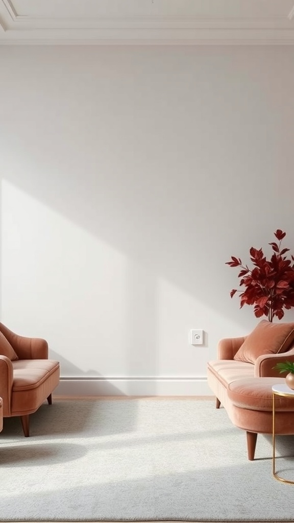 A minimalist living room featuring peach sofas, a simple backdrop, and decorative elements that highlight rich textures.