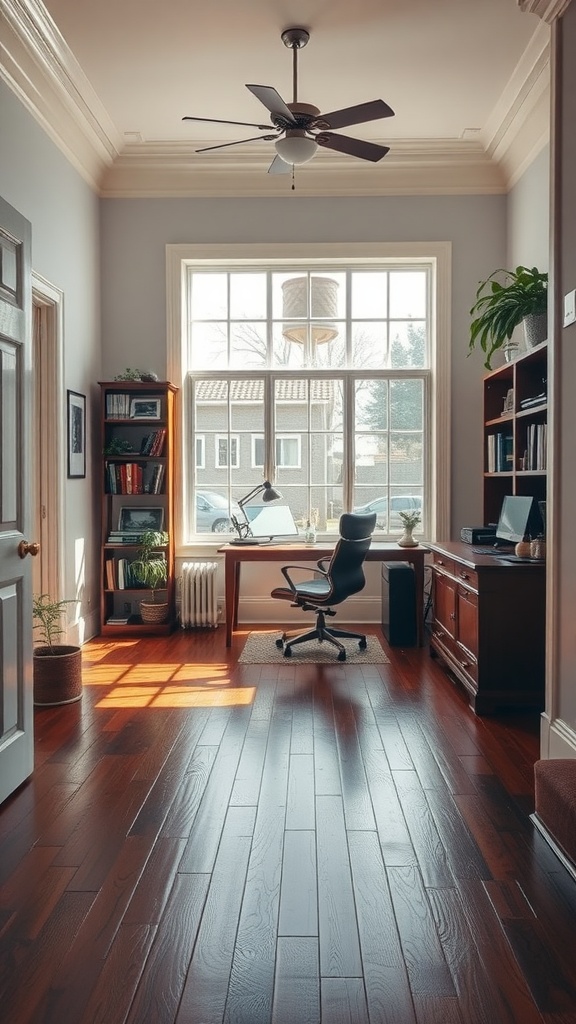 A home office featuring richly stained hardwood floors, a large window, and a modern desk setup.