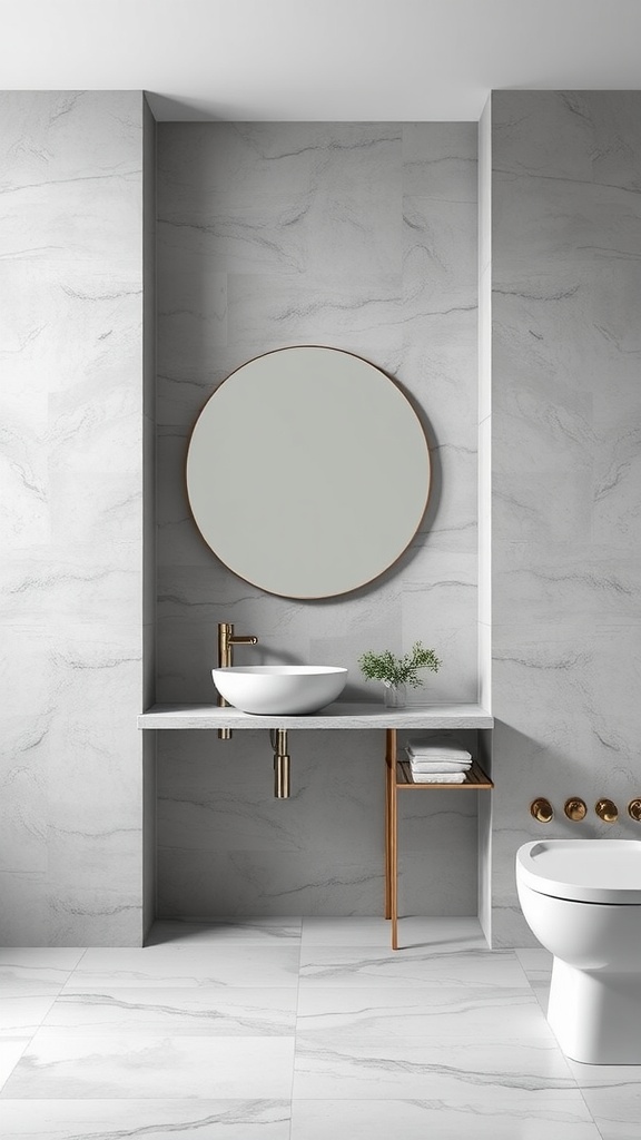 A modern bathroom with light gray walls, circular mirror, and sleek fixtures.