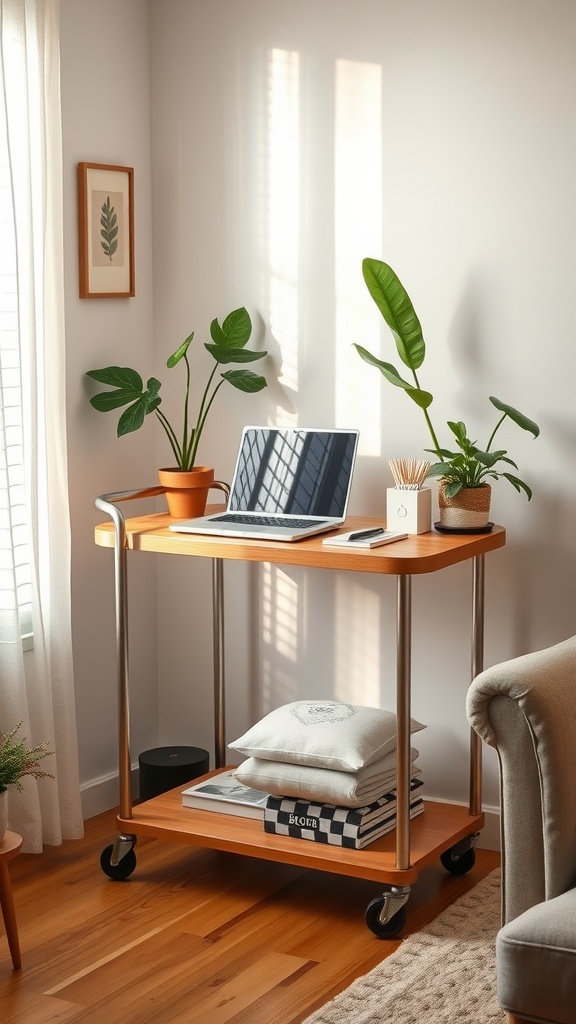 A rolling cart desk set up in a cozy living room corner with a laptop, plants, and decorative items.