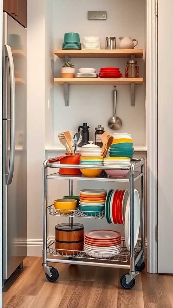 A rolling dish cart filled with colorful plates and bowls in a small apartment kitchen setting.