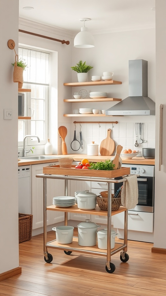 A modern kitchen featuring a rolling cart with multiple shelves, holding various kitchen items and fresh produce.