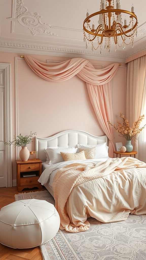 A beautifully designed bedroom featuring a blush and cream color palette with elegant decor.