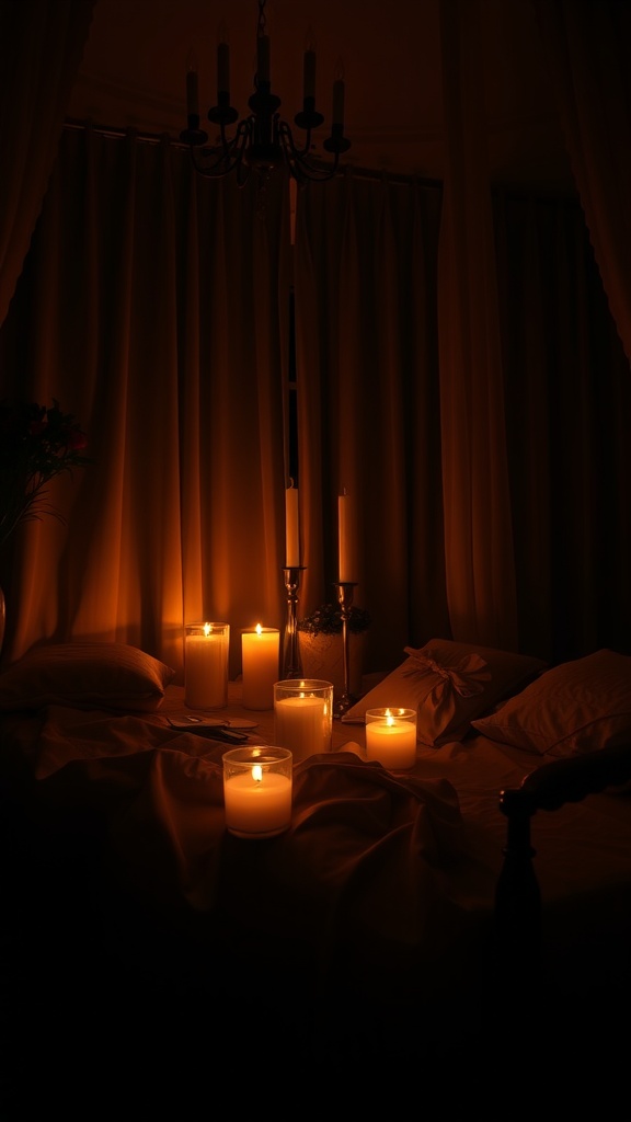 A cozy bedroom setting illuminated by multiple candles, featuring soft bedding and draping curtains.