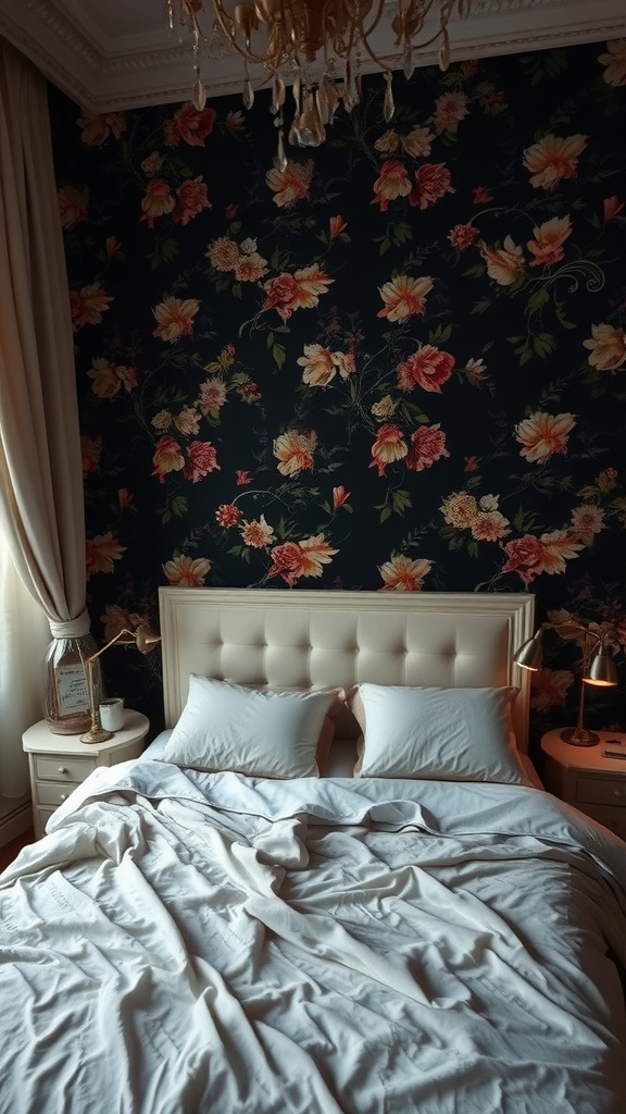 A cozy bedroom featuring dark floral wallpaper with vibrant flowers, a light-colored upholstered headboard, soft white bedding, and warm lighting.