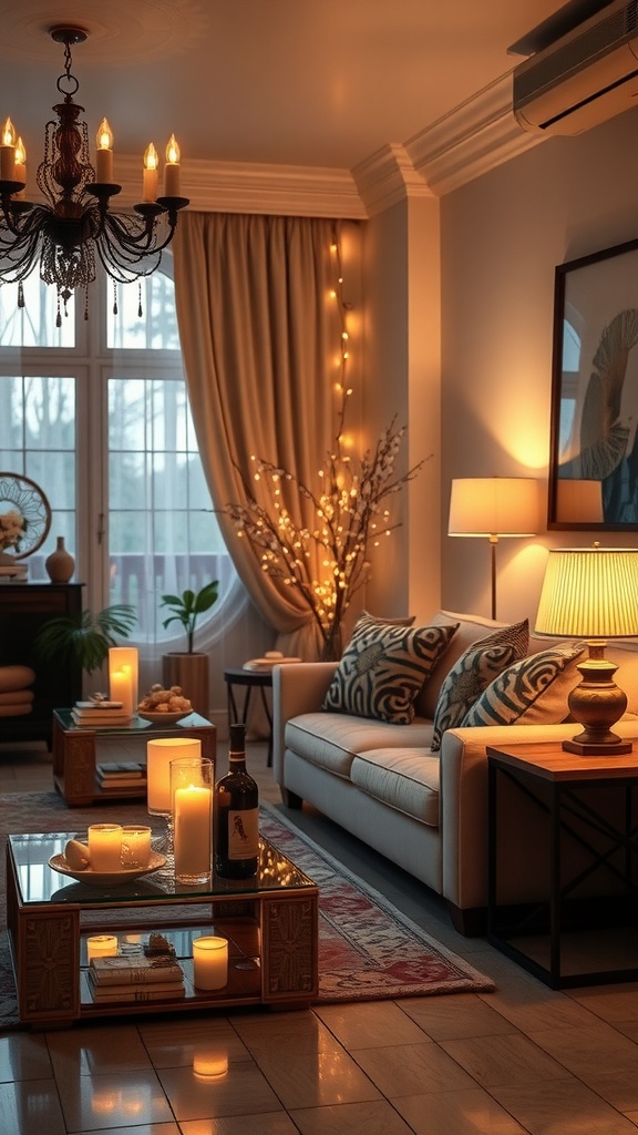 A cozy living room with soft glowing lights, a chandelier, candles, and decorative pillows.