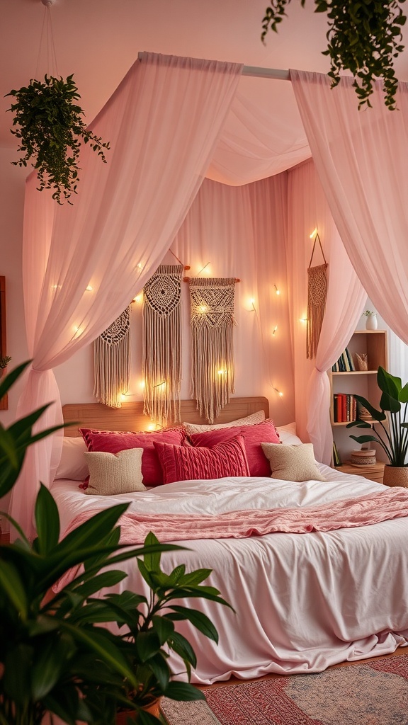 A romantic pink bohemian style bedroom with macramé wall hangings, plants, and cozy bedding.