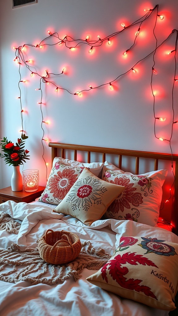 A cozy bedroom with red fairy lights on the wall, floral pillows on the bed, and a woven basket.