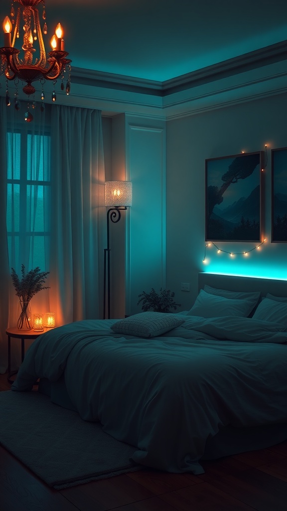 A cozy bedroom with teal lighting, featuring a chandelier and warm lamps, creates a romantic atmosphere.