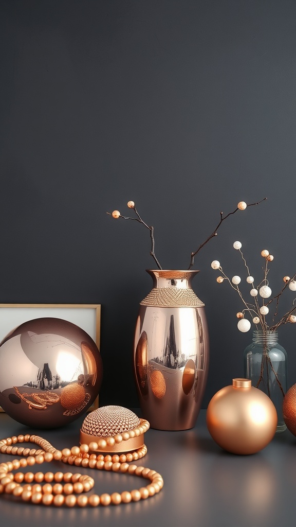 Decorative items in rose gold arranged against a charcoal gray background