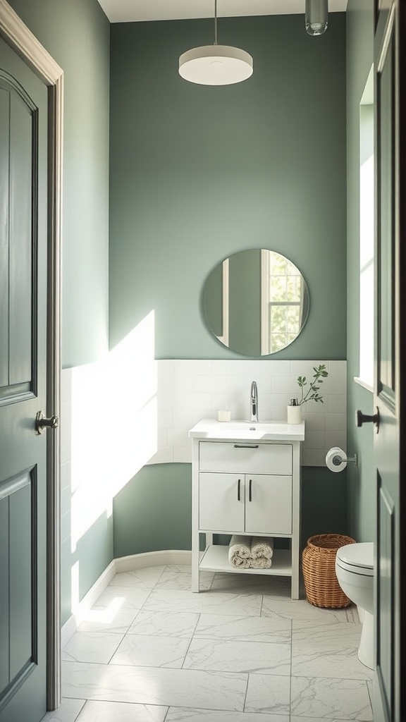 A small bathroom with Rosemary paint by Sherwin-Williams, featuring a round mirror, white vanity, and natural lighting.