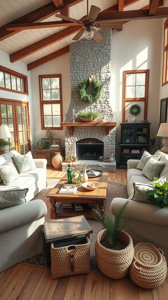 A rustic and chic farmhouse living room featuring a stone fireplace, wooden beams, and cozy furniture.