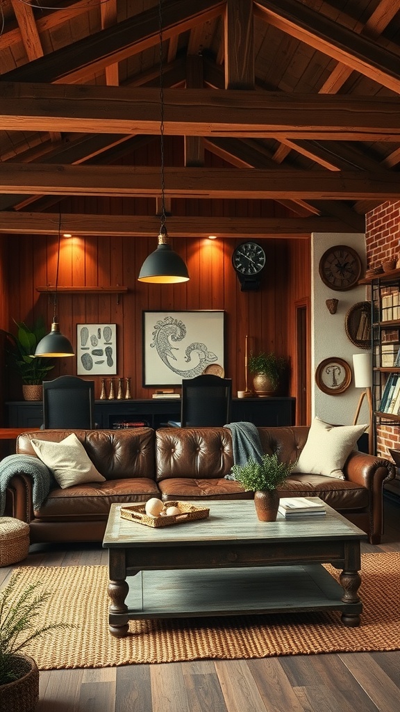 Rustic industrial farmhouse living room with leather sofa, wooden beams, and warm lighting.