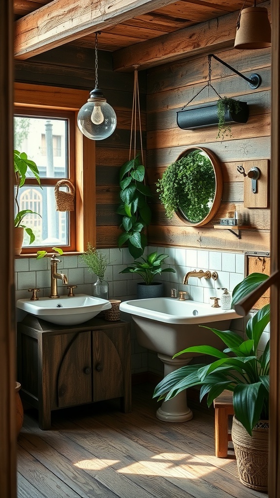 A rustic bathroom with wooden walls, dual sinks, plants, and warm lighting.