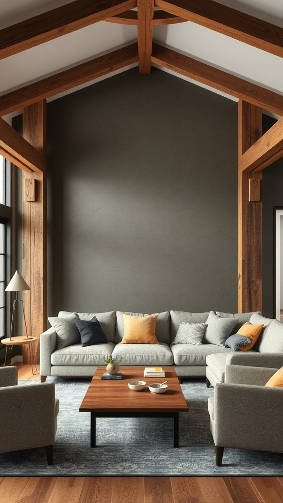 A modern living room featuring rustic wooden beams, a cozy sofa, and a coffee table, showcasing Japandi design elements.