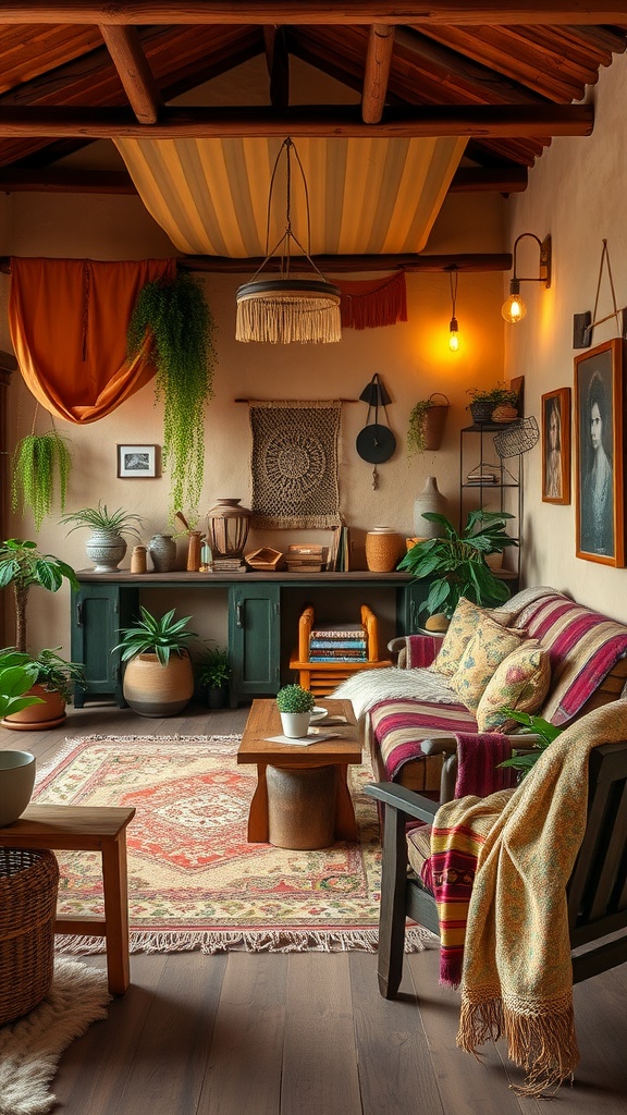 A cozy rustic bohemian living space with plants, a patterned rug, and warm lighting.